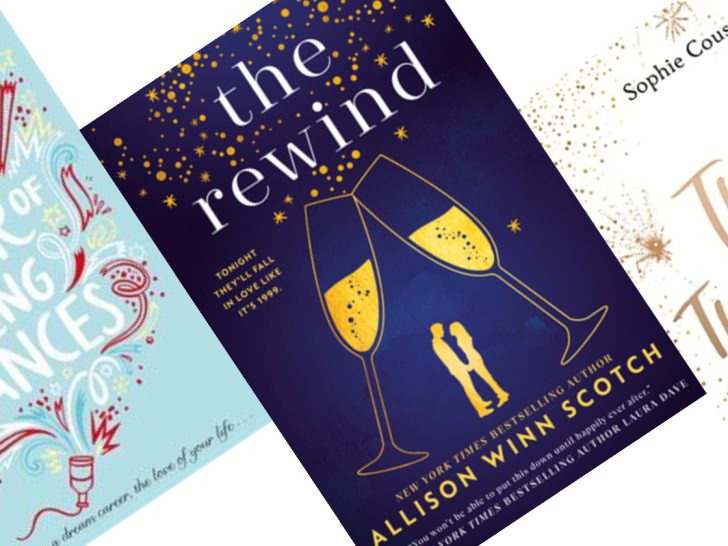 Three angeled blue and white book covers. The center book has two champagne glasses toasting and the title The Rewind