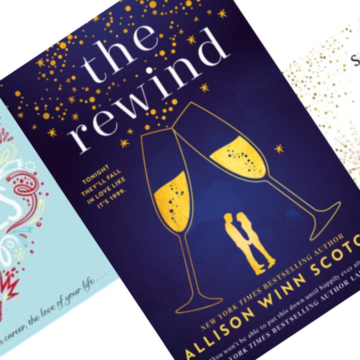 Three angeled blue and white book covers. The center book has two champagne glasses toasting and the title The Rewind