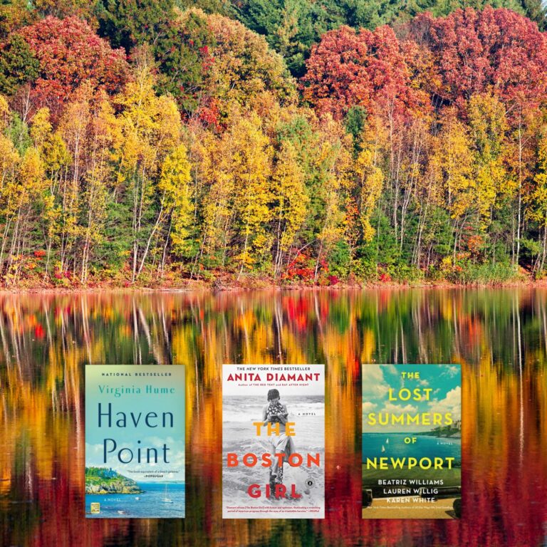 Photo of fall folliage reflected in a lake with three book covers of books set in New England across the bottom of the image