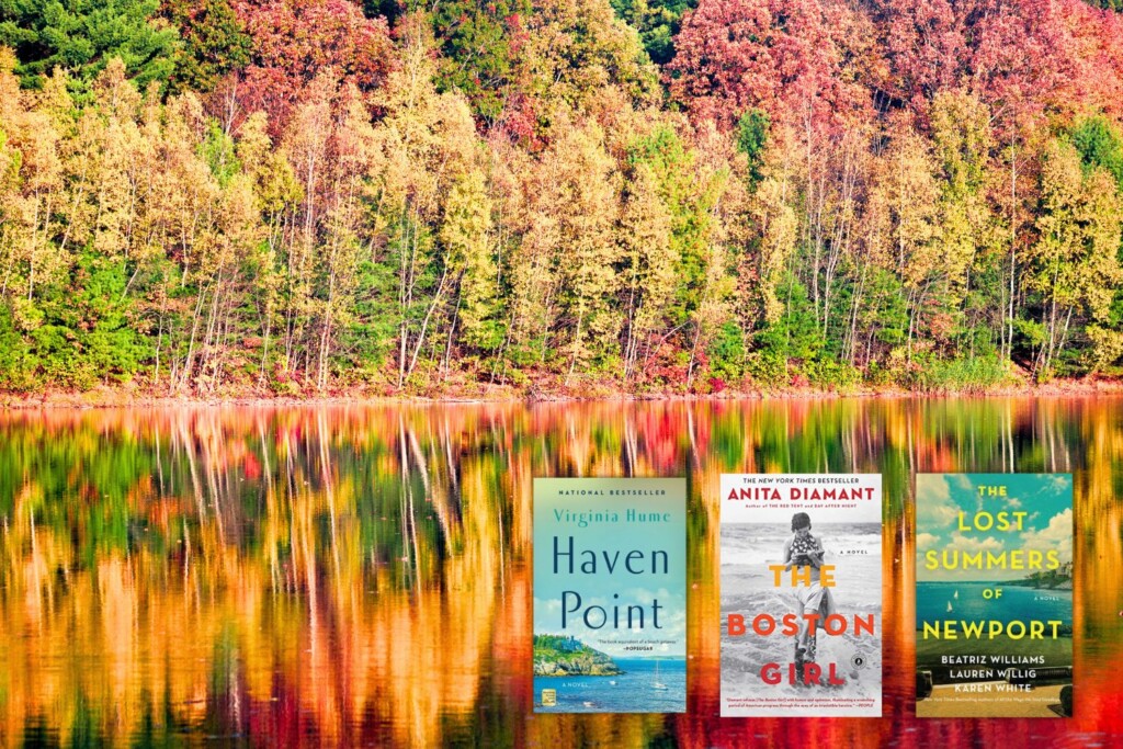 Photo of fall folliage reflected in a lake with three book covers of books set in New England across the bottom of the image