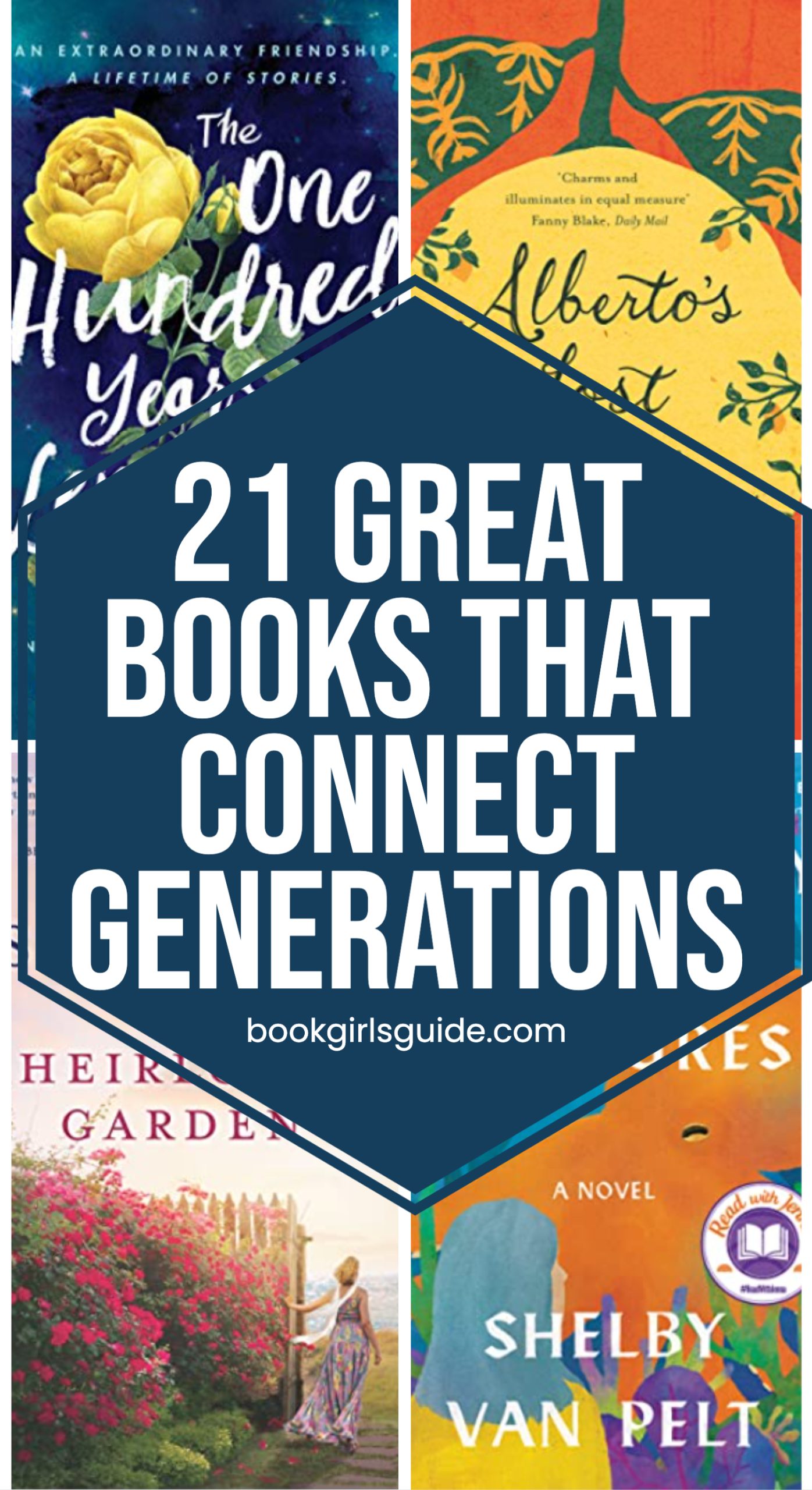 Text reading "21 Great Books that Connect Generations" over book covers