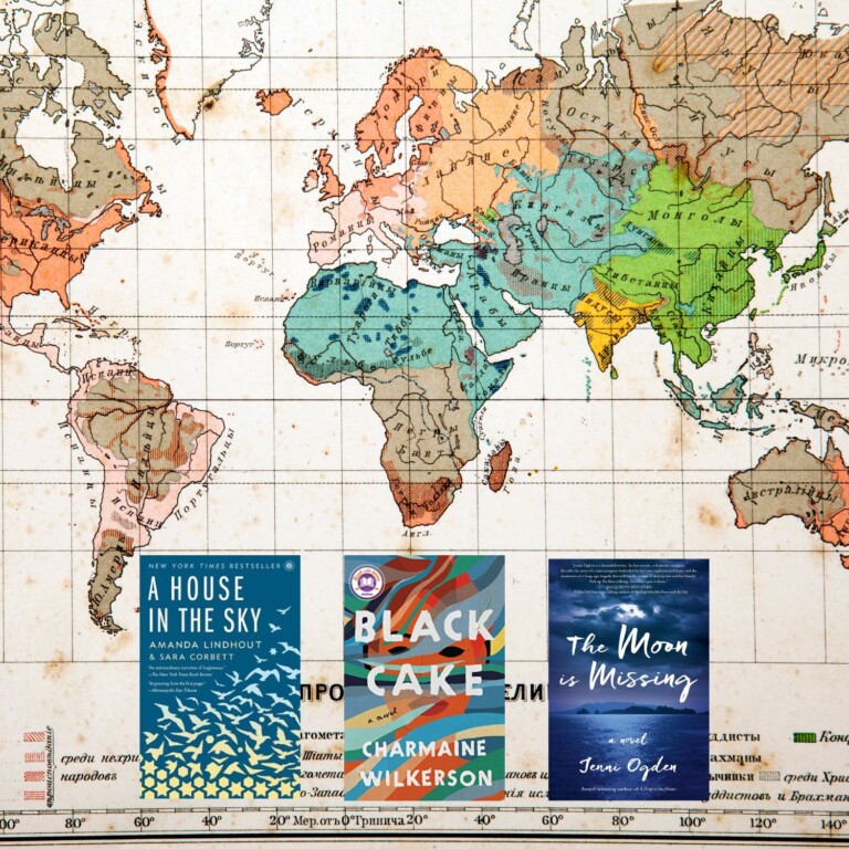 World map photo with three book covers on top