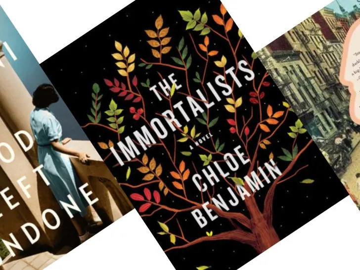 Three angled book covers in dark tones. The center book is black with while title reading The Immortalists.