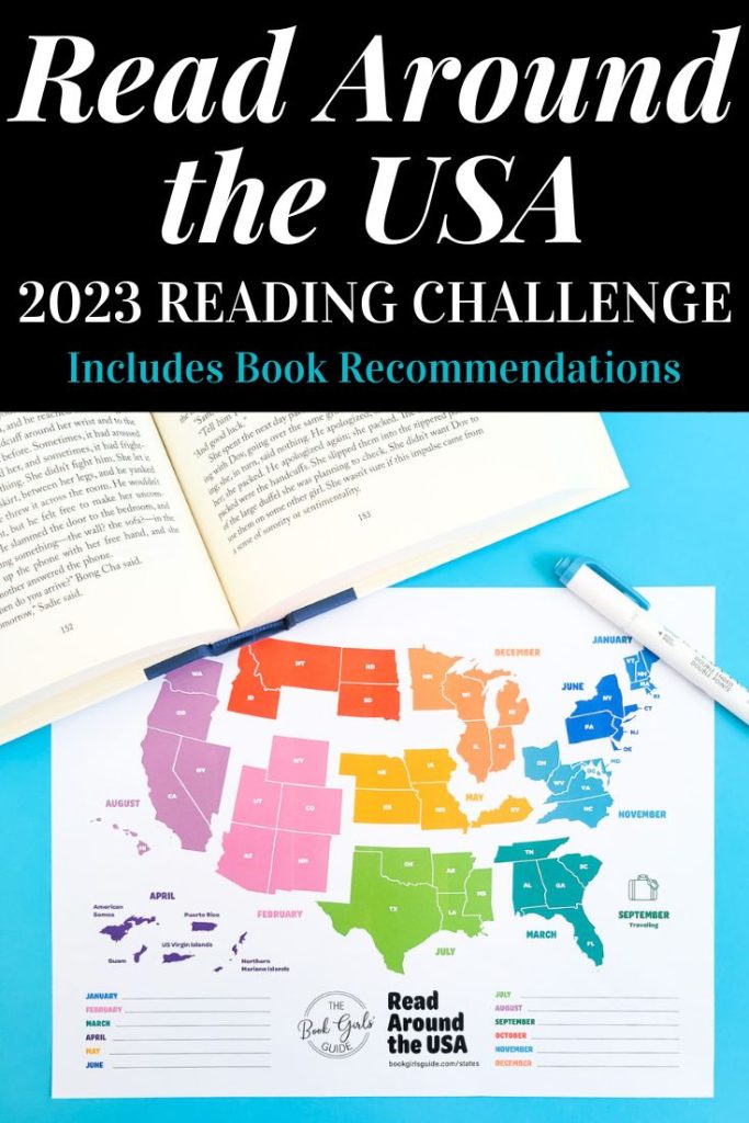 Photo of the read around the USA reading challenge printable with text for pinning