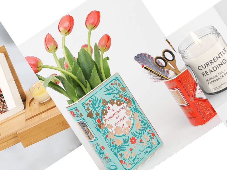 Three titled photos of a bamboo bathtub tray, book scented candles, and a ceramic book vase filled with tulips