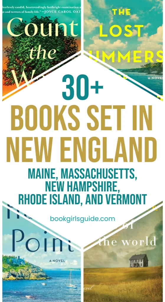 White diamond covering 4 book covers reading "30+ books Set in New England"