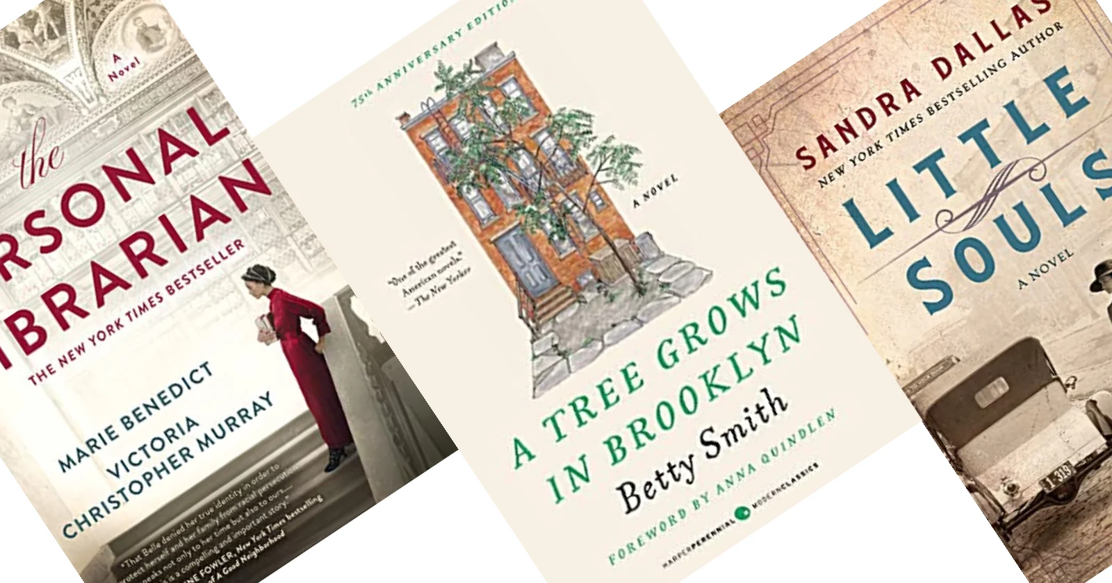 3 tilted book covers with A Tree Grows in Brooklyn in the center