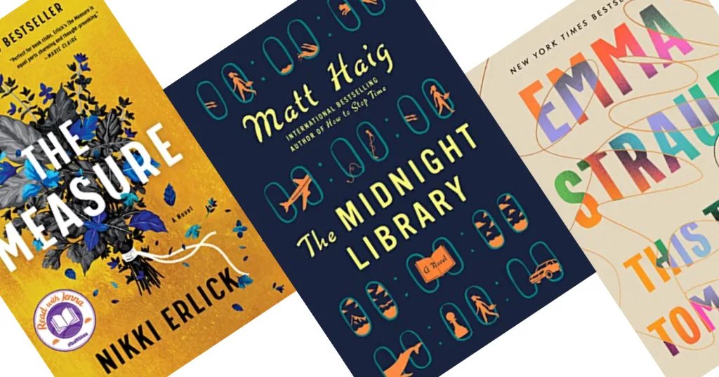 Three angled book covers with The Midnight Library in the center