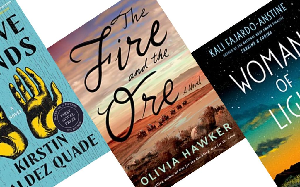 Three tilted book covers with center reading The Fire and the Ore
