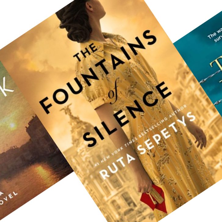 Three tilted book covers with Fountain of Silence in the center