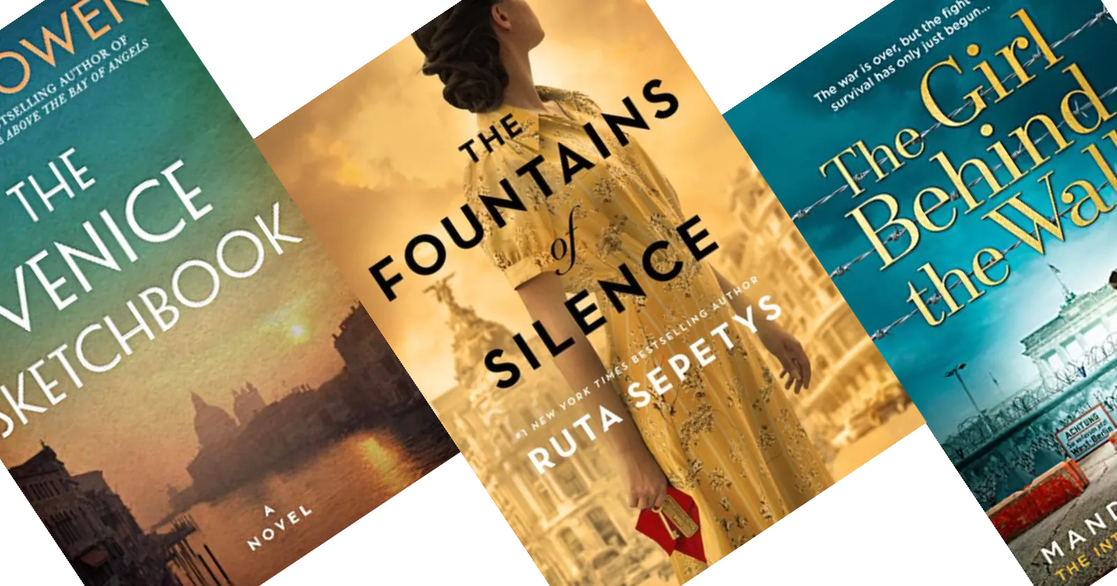 Three tilted book covers with Fountain of Silence in the center