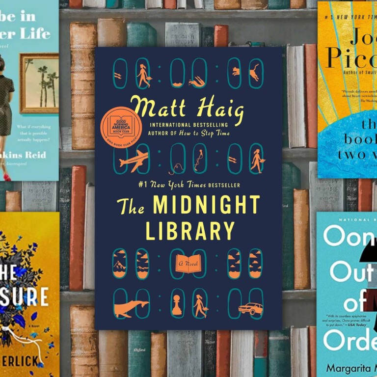 Shelves of vintage books in the background with the book cover of The Midnight Library large i the center and four other partial book covers around the edges