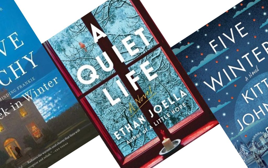 Three tilted books with winter themes