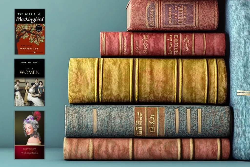 stack of vintage books on the right with book covers of three must-read classic books on the left side of the image