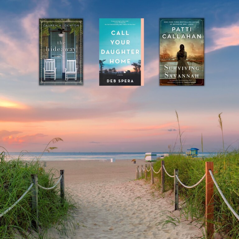 Photo of the southeast coastline of the United States overlaid with three book covers of books set in the southeast states.