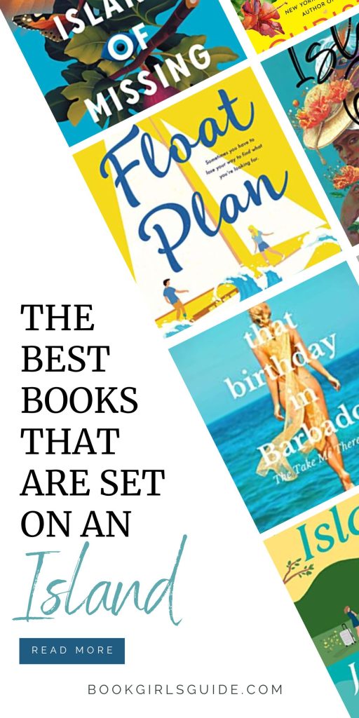 6 angled book covers in the upper right corner with text on a white back ground in the bottom left corner that reads The Best Books That Are Set on an Island