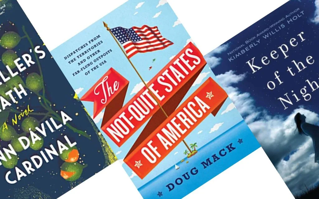 three angled blue book covers with The Not Quite States of America in the center