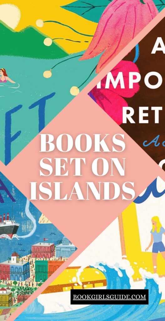pink diamond in the middle with text that says Books Set on Islands surround by four partial book covers