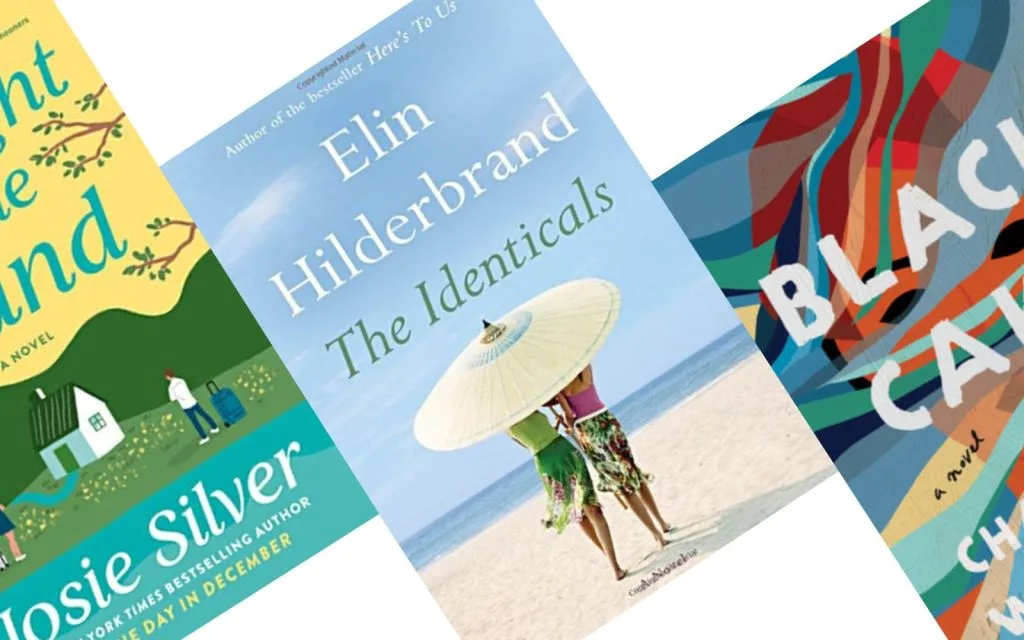 Three angled book covers in shades of blue with The Identicals by Elin Hilderbrand in the center