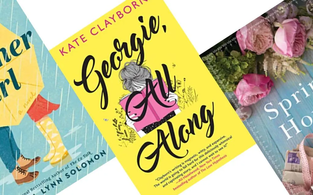 Three angled book covers in blue, yellow and pink with Georgie All Along in the middle