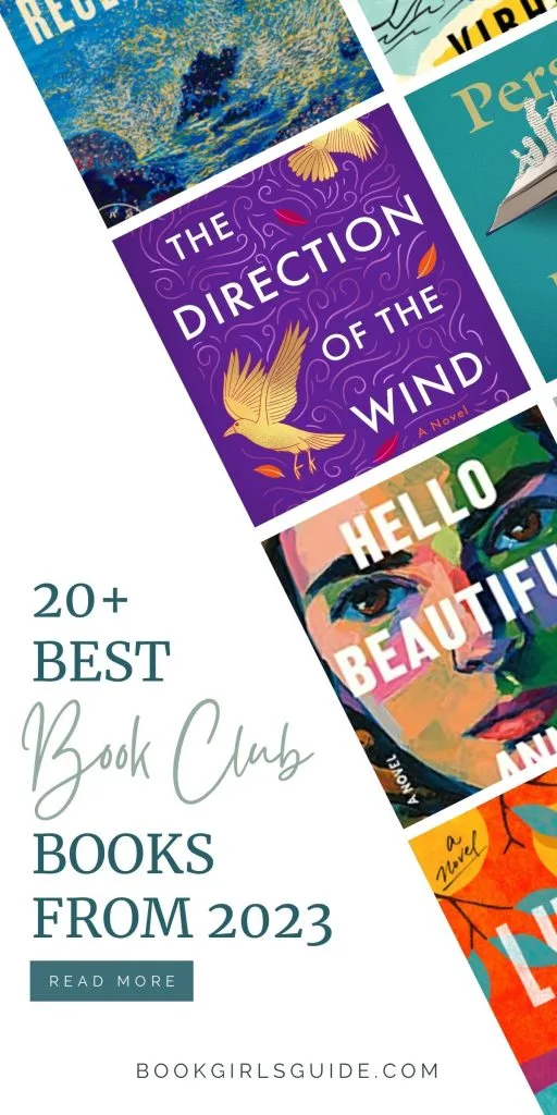 Six colorful book covers of 2023 new releases angled on the right side of the image with text in the bottom left corner that reads 20+ Best Book Club Books From 2023