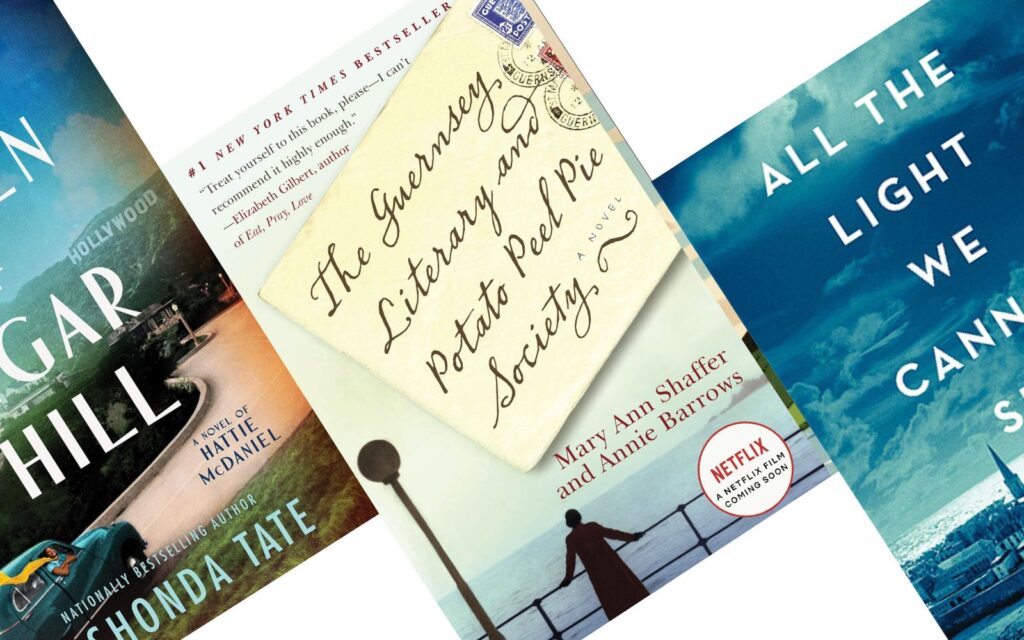 three tilted book covers with Guernsey Literary and Potato Peel Pie Society in the center