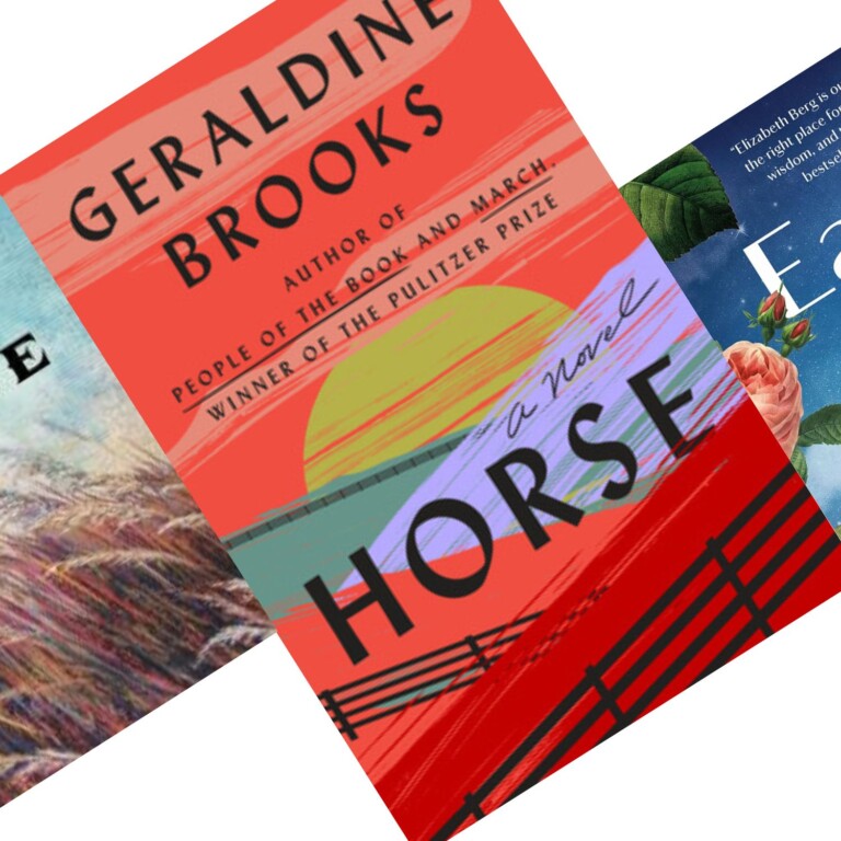 Three angled book covers with Horse by Geraldine Brooks in the middle