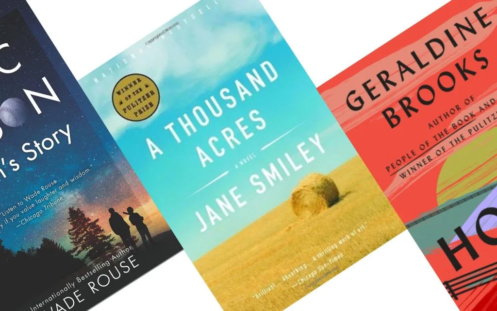 Three angled book covers with colorful midwest landscapes, the center book is called A Thousand Acres by Jane Smiley.