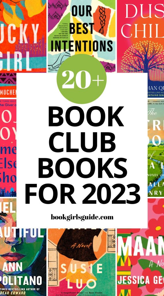 Eight coloraful book covers of 2023 new releases overlayed with a white box and black text that reads 20+ Book Club Books for 2023.