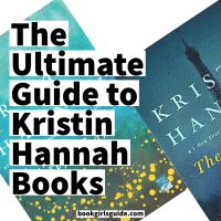 Two angled blue book covers with text overlay The Ultimate Guide to Kristin Hannah Books