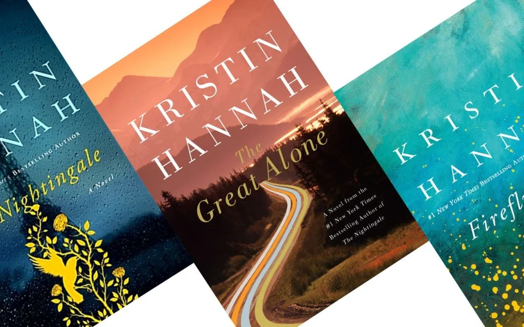 three angled book covers with popular Kristin Hannah titles including The Nightingale, The Great Alone, and Firefly Lane