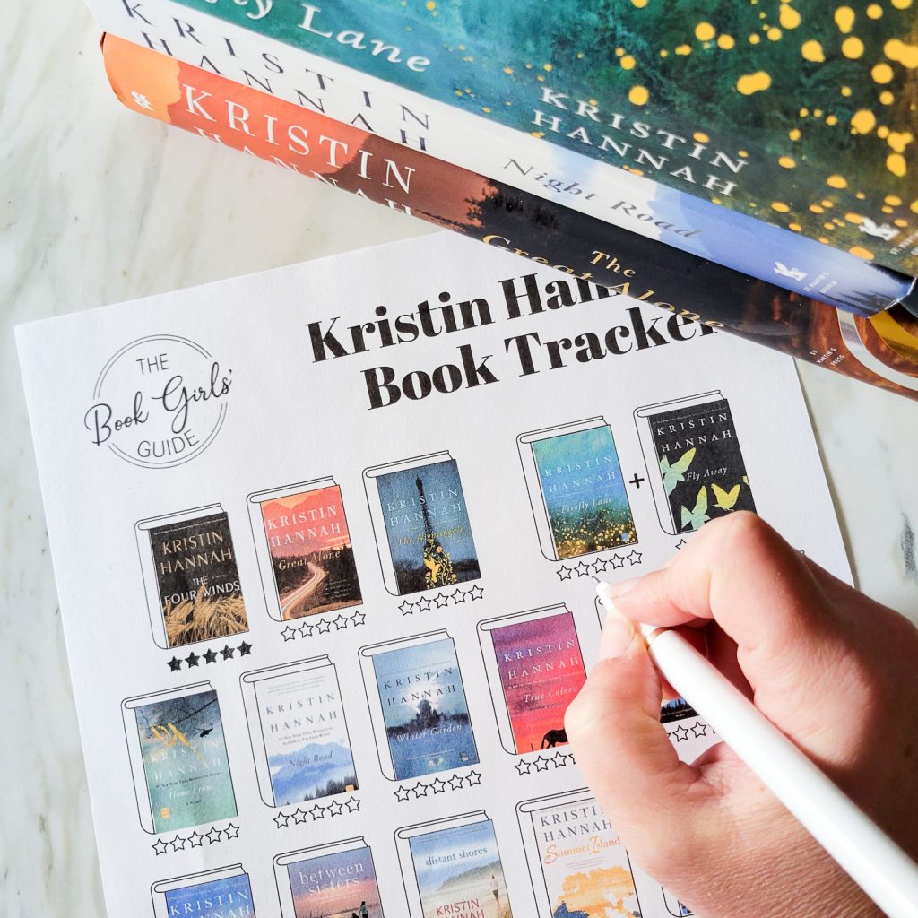 Printout of Kristin Hannah Book Covers with hand holding pen about to fill in star rating