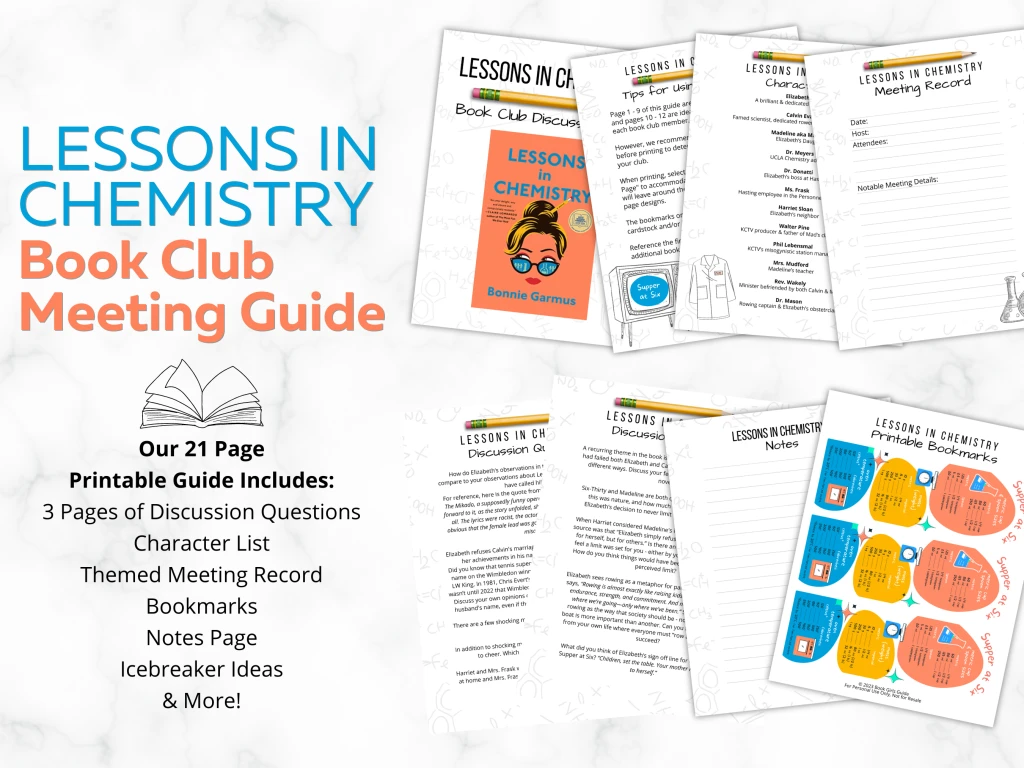 Graphic showing 8 overlapping pages from the Lessons in Chemsitry book club guide and a list of the contents of the guide including lessons in chemistry book club questions.
