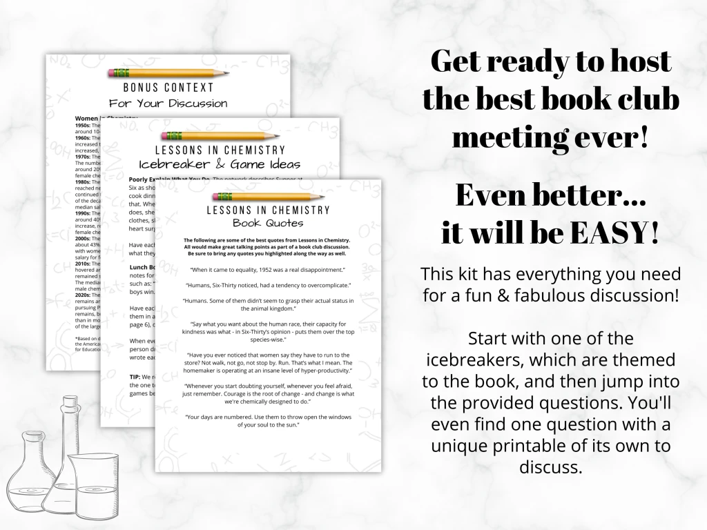 Three sample pages from the Lessons in Chemistry Printable Book Club Guide on the left with text describing the guide on the right.