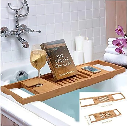Expandable bamboo bathtub with book holder and wine holder