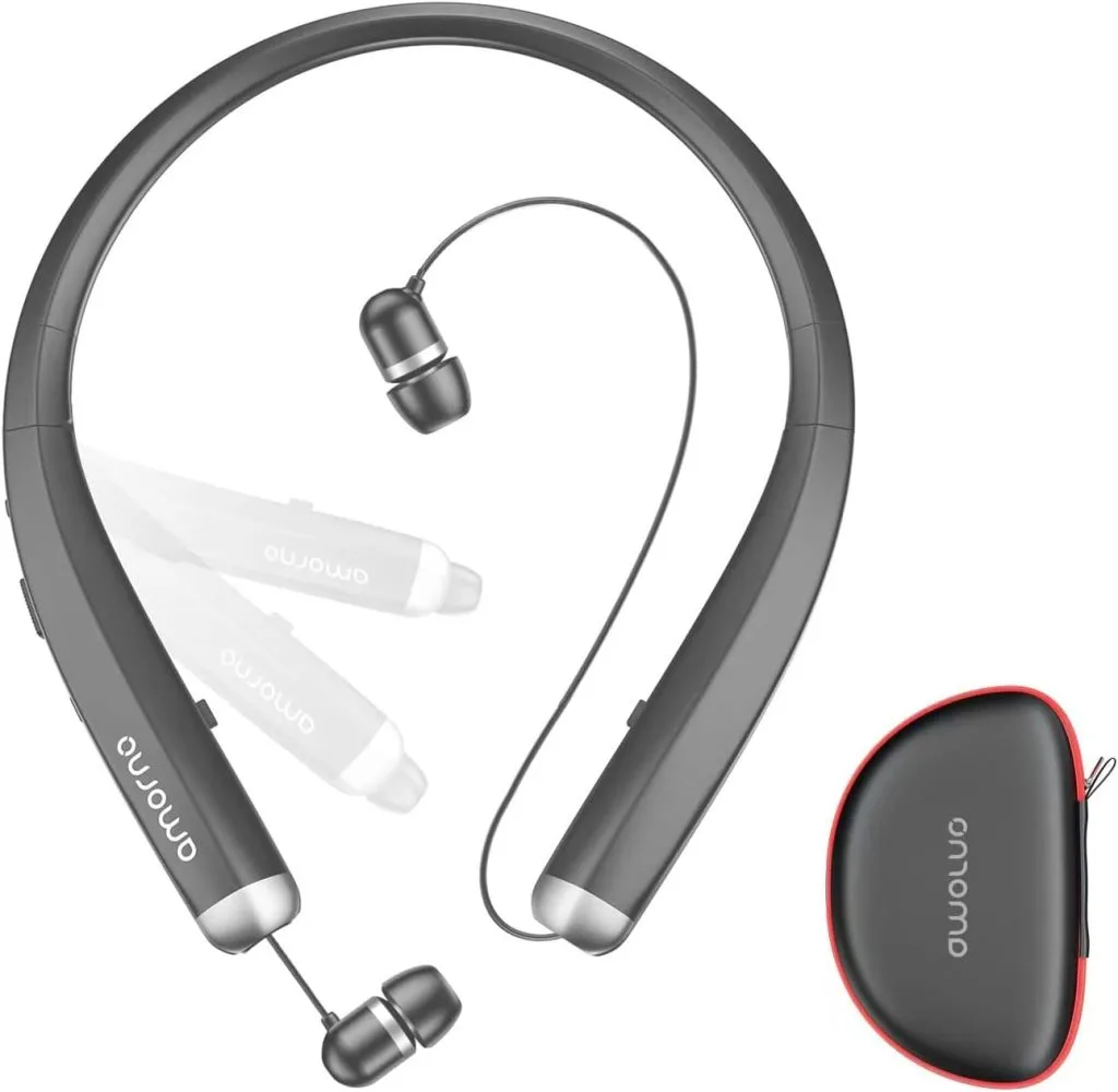 Bluetooth neckband with retractable earbuds. They fold down to fit in the small black case showin the photo