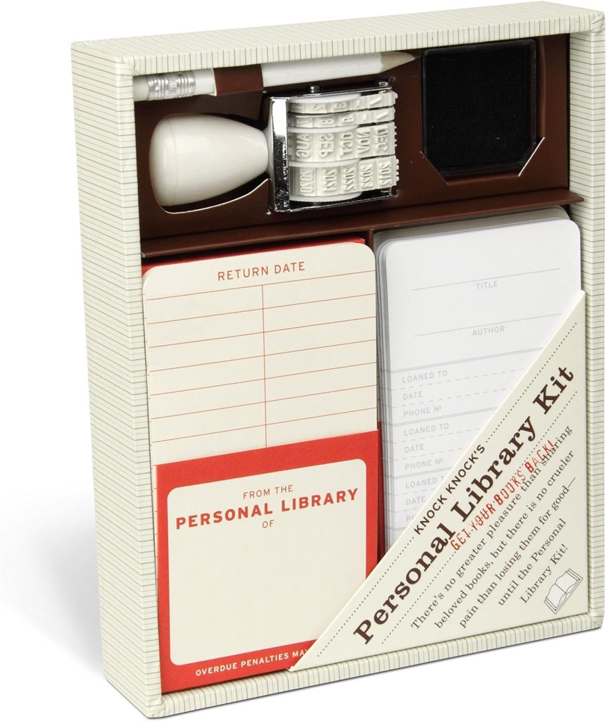 Perosnal library book lending kit, including due date cards and a date stamp