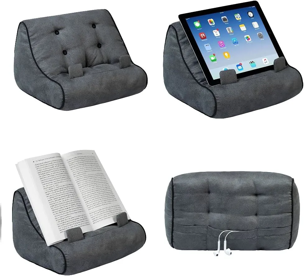 Tufted Grey Lap Pillow that holds an open book, a Kindle, or an iPad