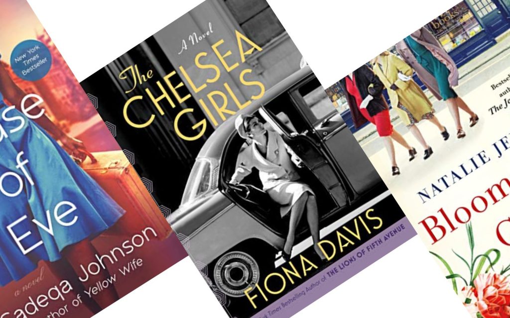 Three angled book covers of books set in the 1950s. The center book has a black and white photo of a woman stepping out of a car and the title is The Chelsea Girls by Fiona Davis.