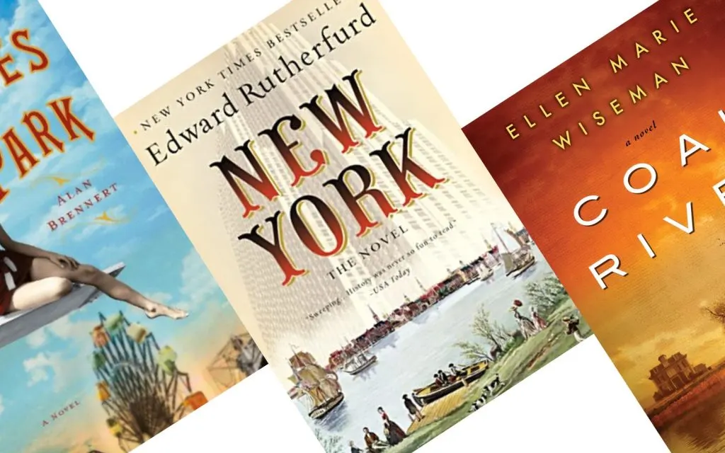 Three angled book covers. The center book is New York: A Novel
