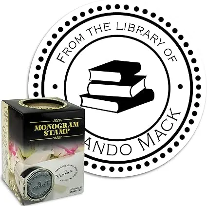 Custom stamp with round design that says "from the library of" with a stack of books in the middle