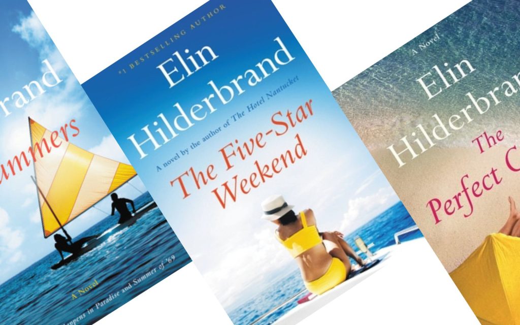three angled book covers with popular Elin Hilderbrand titles including 28 Summers, The Five Star Weekend, and The Perfect Couple