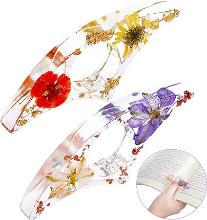Clear Resin Book Page Holder dried flowers inside and a thumb ring for comfort