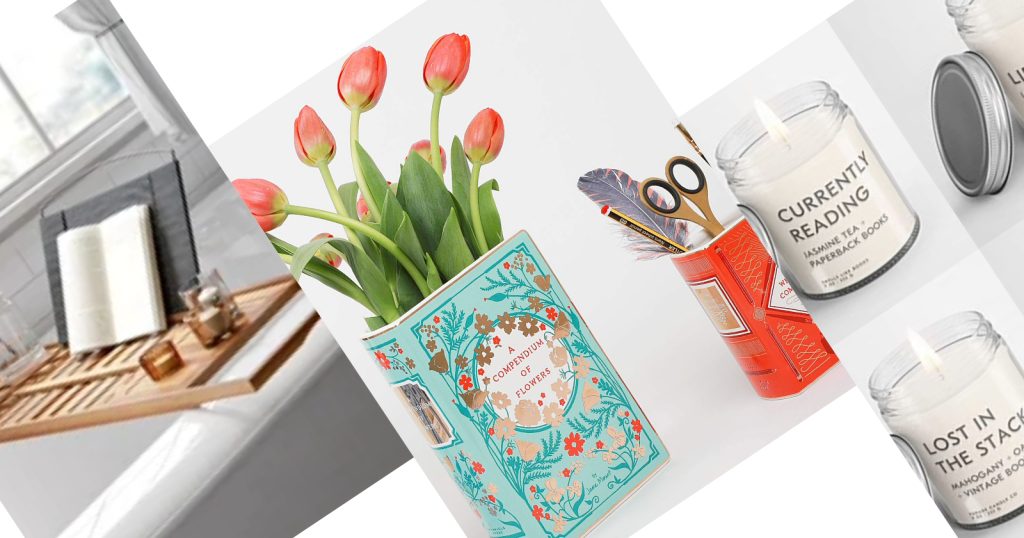 Three angled images of gifts for readers including a bathtub tray, a ceramic vase shaped like a book, and book scented candles