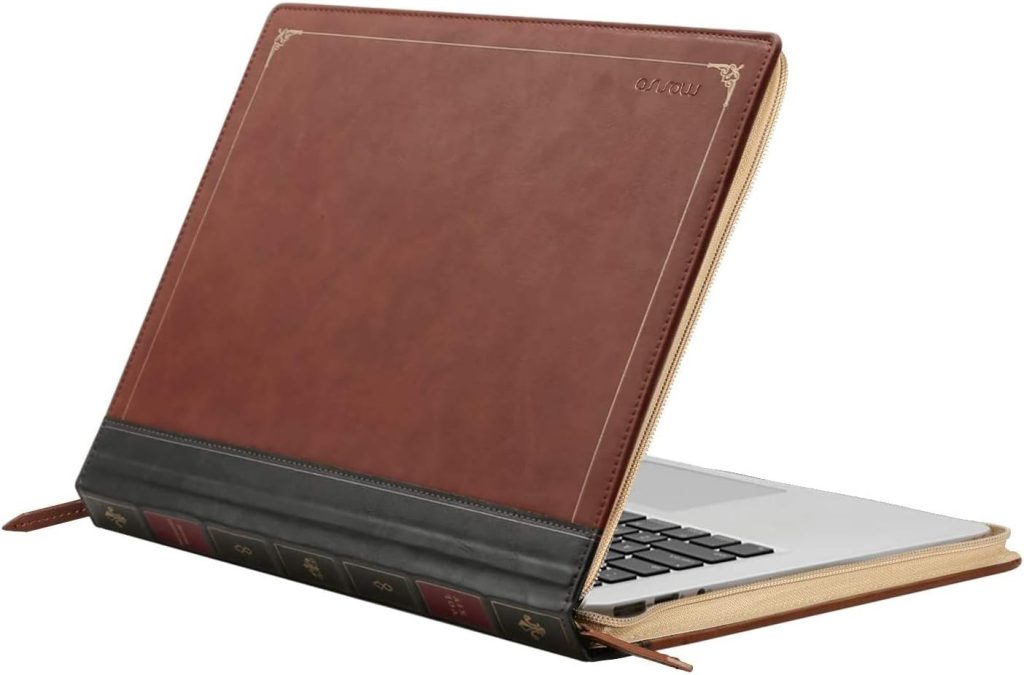 Brown leather laptop case that looks like a hardcover book