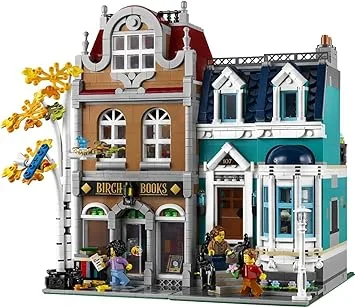 Lego set that builds two side by  side historical looking buildings, one of which is a bookshop