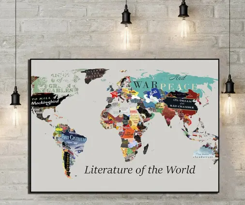 Map of the World with pieces of book covers overlaying each country