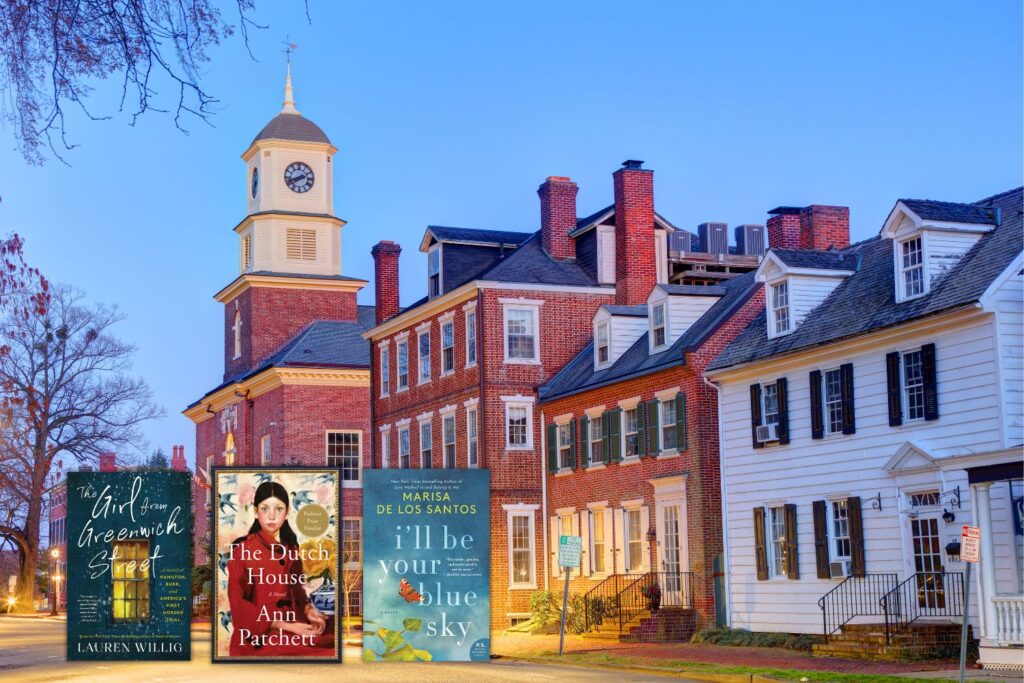 Photo of Dover, Delaware, overlaid with the covers of three books set in the Northeast