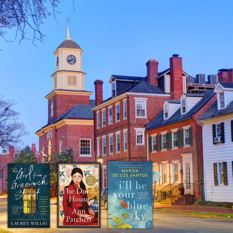 Photo of Dover, Delaware, overlaid with the covers of three books set in the Northeast