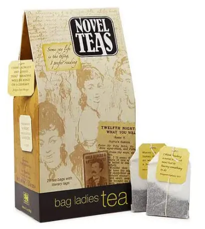 Package of tea bags called Novel Teas with book quotes attached to the tea bags